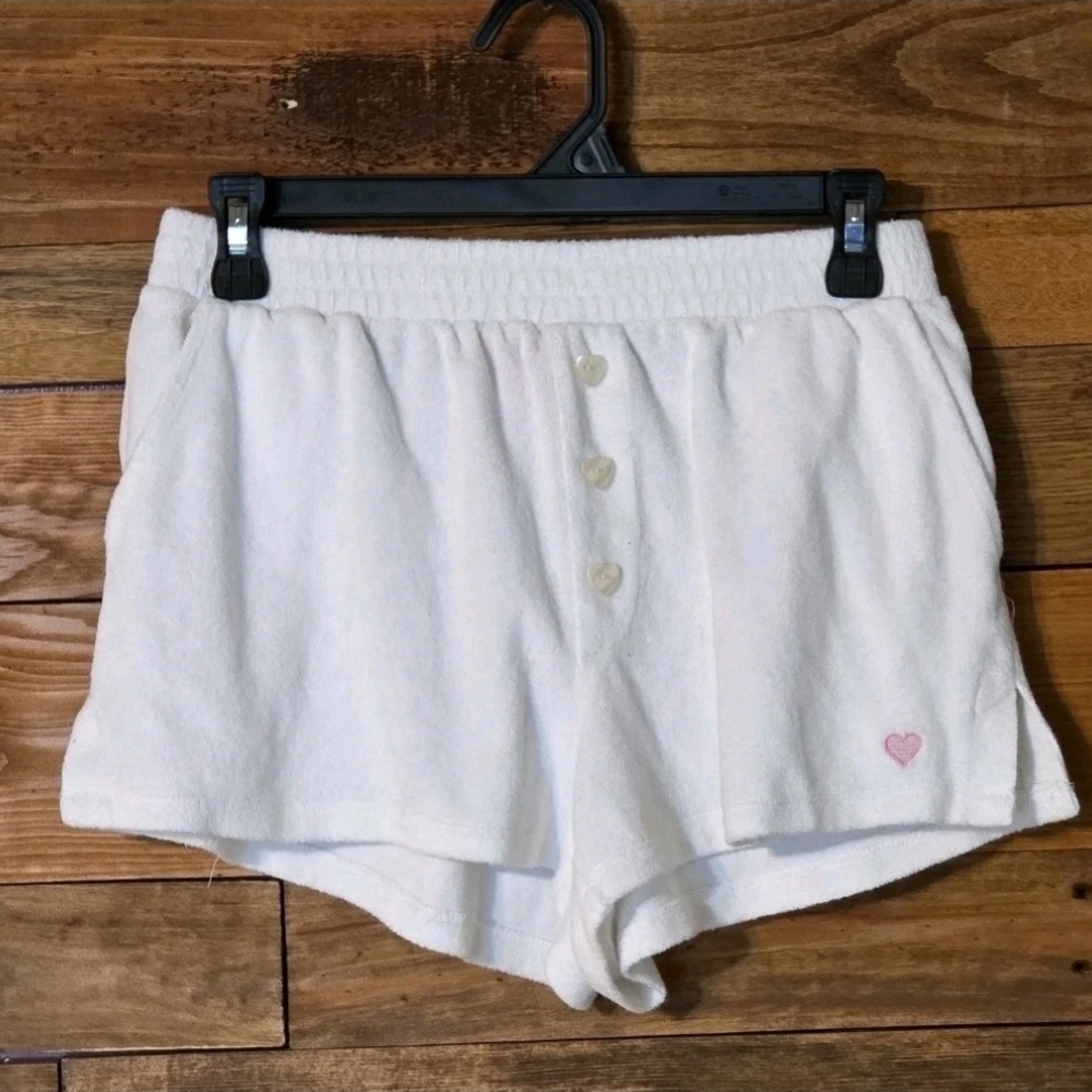 Stoney Clover Lane Terry Cloth Lounge Shorts White Heart Button S Cozy Y2K